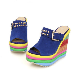 Women's peep toe rainbow platform wedge clogs sandals