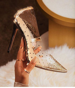 Women pointed toe rhinestone stiletto clear sexy high heels