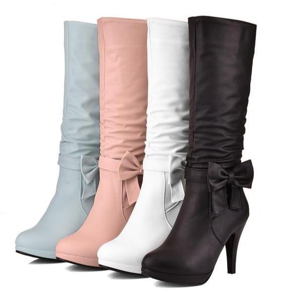 Women cute bowknot calf stiletto high heel boots