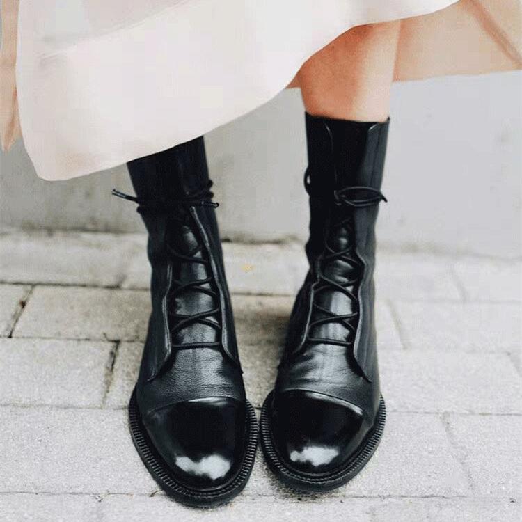 Women lace up mid calf fashion England style black boots