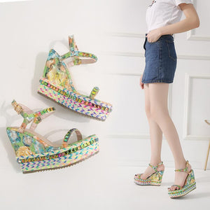 Women buckle strap colorful 
chunky heel platform wedge sandals