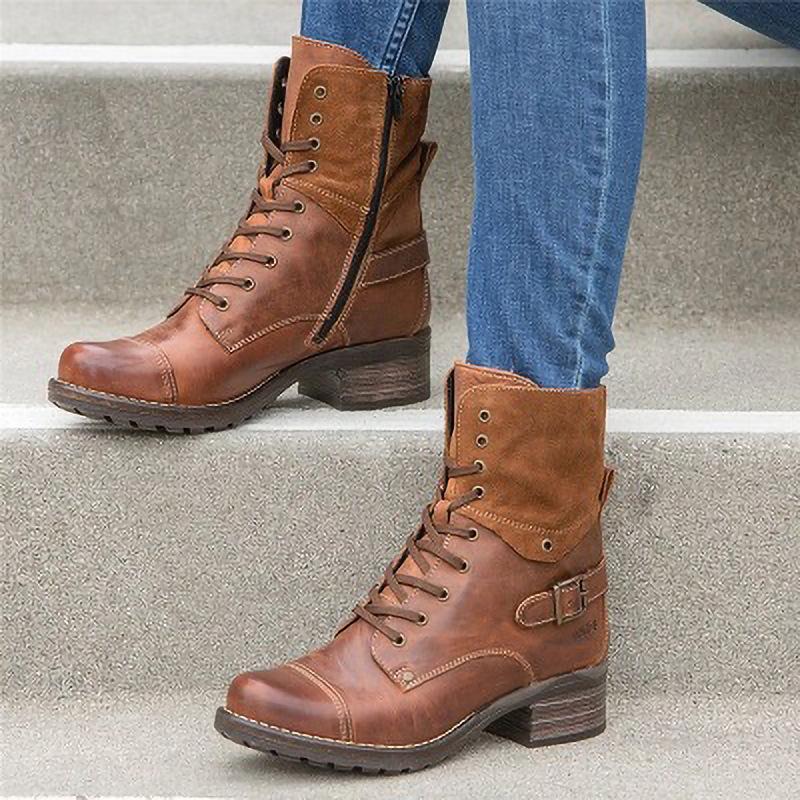 Women's chunky combat boots zipper lace-up ankle boots