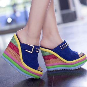 Women's peep toe rainbow platform wedge clogs sandals
