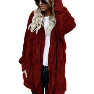 Women faux fur fleece hooded winter warm outerwear