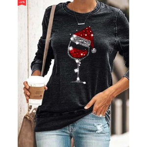 Women's Chritmas wine glass hat print pullover crewneck sweatshirts fall/winter loose tops