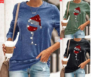 Women's Chritmas wine glass hat print pullover crewneck sweatshirts fall/winter loose tops