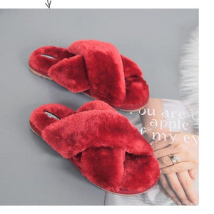 Women's fashion criss cross furry slippers winter warm house shoes solid color