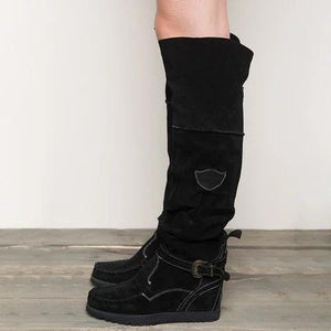 Wedge heel knee high boots suede retro ankle strap buckle long boots