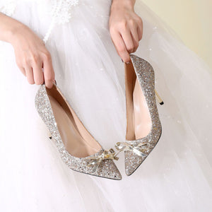 Women wedding sparkly rhinestone pointed toe bow stiletto bridal heels