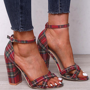 Women grid peep toe ankle strap buckle chunky heels