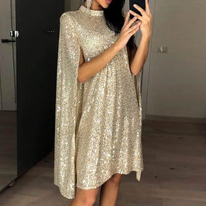 Silver gold sequins shining cape dress | long sleeves mini dress party prom dress