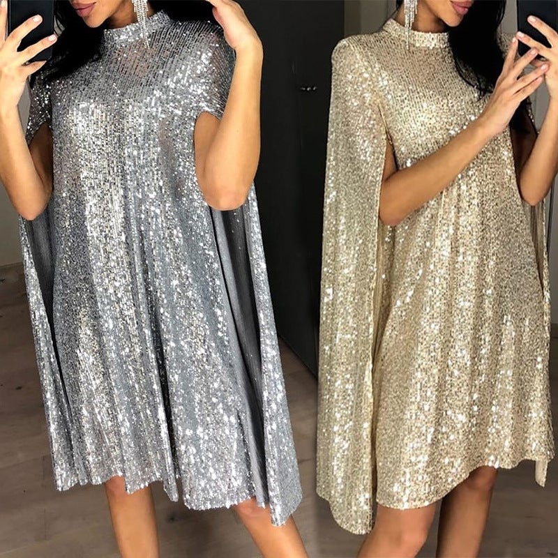 Silver gold sequins shining cape dress | long sleeves mini dress party prom dress