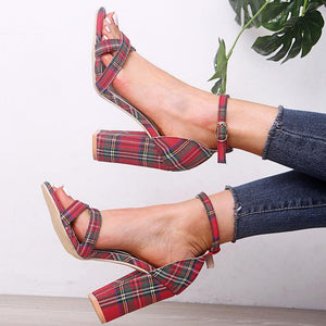 Women grid peep toe ankle strap buckle chunky heels