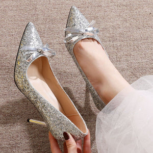 Women wedding sparkly rhinestone pointed toe bow stiletto bridal heels