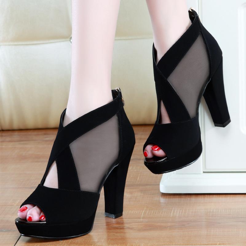 Women peep toe hollow back zipper chunky heel boots