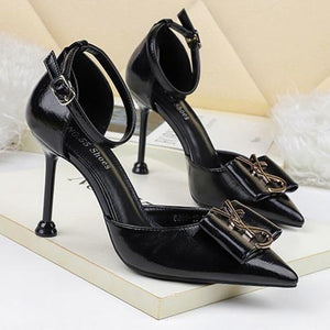 Women bow pointed toe stiletto ankle strap high heels