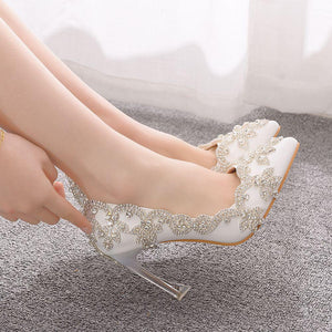 White floral rhinestone elegant white wedding stiletto heels