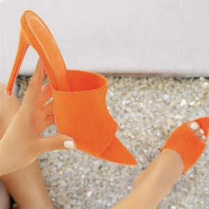Women pointed peep toe stiletto slide heeled mules