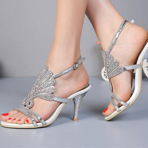 Women rhinestone flower peep toe buckle strap slingback high heels