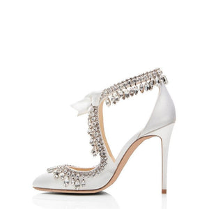 Women rhinestone pointed toe stiletto high heel white wedding sandals