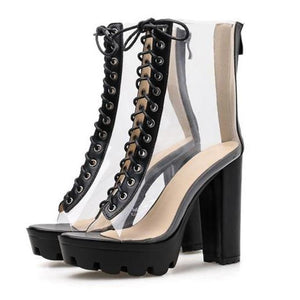Women summer clear peep toe lace up chunky platform sandals