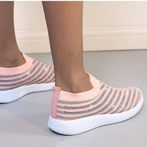 Women striped sparkly rhinestone sock slip on sneakers