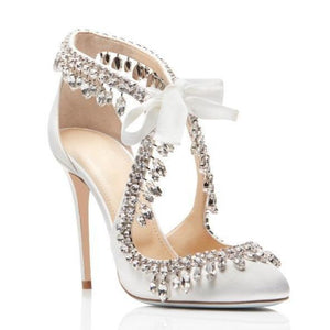 Women rhinestone pointed toe stiletto high heel white wedding sandals
