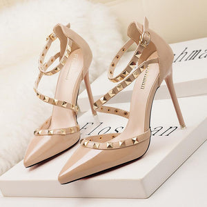 Women Pointed Toe Strappy Hollow Studded Heels