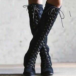 Women's over the knee lace-up boots low heel long boots