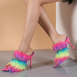 Women rainbow fluzzy chain d¨¦cor peep toe slide stiletto heels