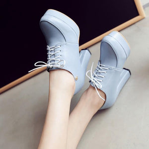 Women chunky high lace up ankle metal flower platform heels