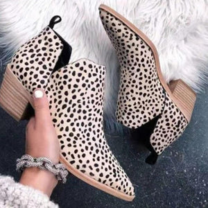 Women pointed toe v cut chunky heel leopard booties