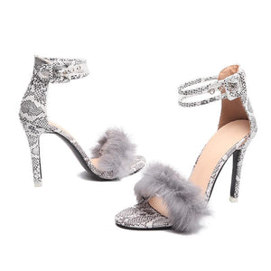 Women fluffy peep toe ankle strap stiletto snakeskin heels