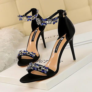 Women peep toe rhinestone flower side hollow stiletto heels