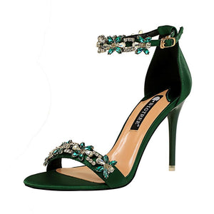 Women peep toe rhinestone flower side hollow stiletto heels