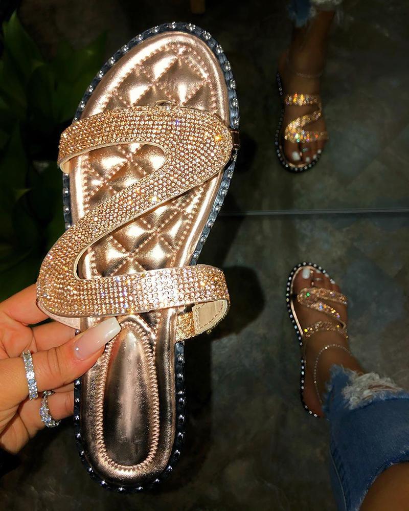 Women Summer Slip On Studded Rhinestone Silver Sandals