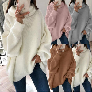 Women lantern sleeve knit pullover solid color turtleneck sweater