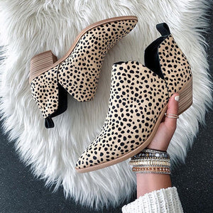 Women pointed toe v cut chunky heel leopard booties