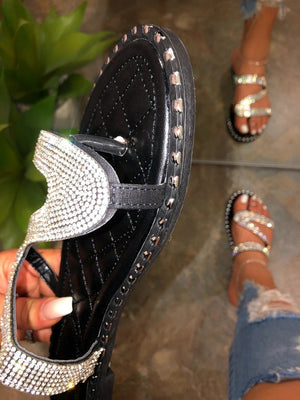 Women Summer Slip On Studded Rhinestone Silver Sandals