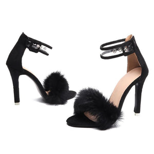 Women fluffy peep toe ankle strap stiletto snakeskin heels