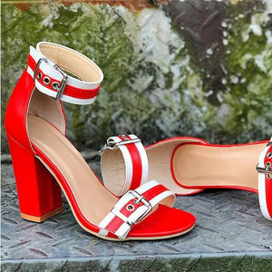 Women color block buckle ankle strap chunky heels