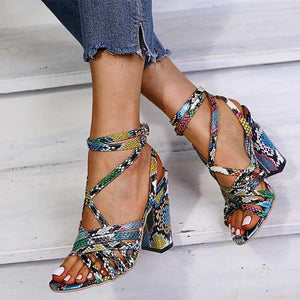 Women peep toe chunky heel 
ankle strap sandals