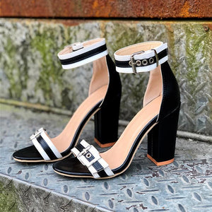 Women color block buckle ankle strap chunky heels