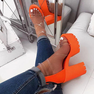 Women criss cross clear strappy peep toe chunky platform high heels