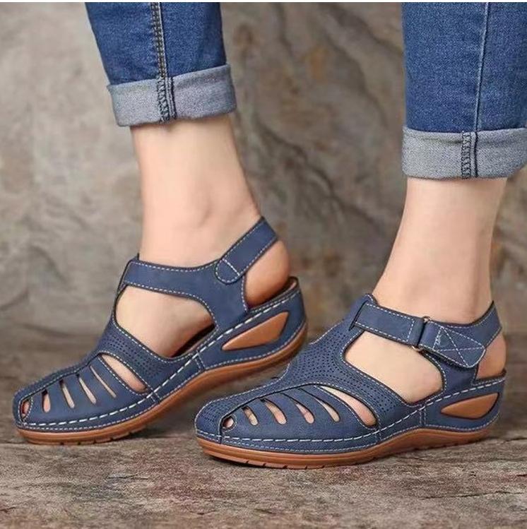 Women Summer Hollow Out Closed Toe Velcro Wedge Sandals