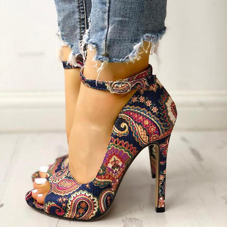 Women peep toe enthnic flower ankle ringe buckle strap stiletto heels