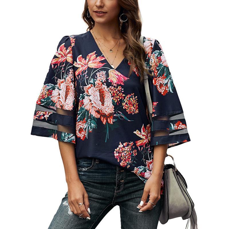 Women v neck half sleeve floral t shirt