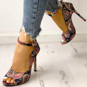 Women peep toe enthnic flower ankle ringe buckle strap stiletto heels