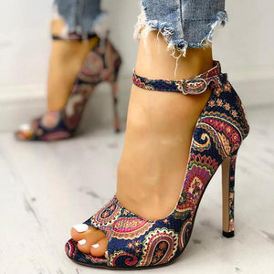 Women peep toe enthnic flower ankle ringe buckle strap stiletto heels