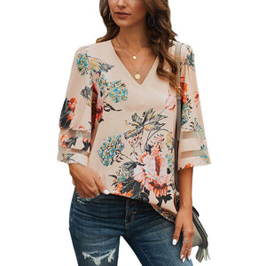 Women v neck half sleeve floral t shirt